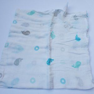 Lulujo Baby Muslin Swaddling Blanket Blue Aqua Gray White Whales Dolphins.